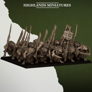 May include: A group of 18 unpainted miniature figures of rat-like creatures holding weapons and shields. The figures are arranged in a battle formation and are ready for combat. The miniatures are made of a light brown plastic and are ready to be painted.