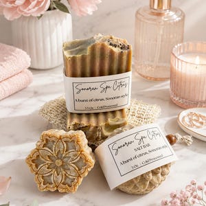 May include: Three bars of Sonoran Spa Citrus soap. One rectangular bar with a paper label reading 'Sonoran Spa Citrus A burst of citrus, Sonoran style 3.5 Oz. Cold Processed'. One round salt bar with a label reading 'Sonoran Spa Citrus SALT BAR'.