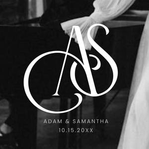 May include: Monogram wedding invitation in black and white. The initials "AS" are displayed in a stylized font. The names "Adam & Samantha" and the date "10.15.20XX" are printed below the initials. A bride in a white dress is visible.