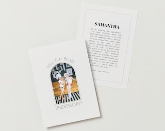 May include: Two white cards with black text. One card reads "WILL YOU BE MY BRIDESMAID?" with a photo of two women. The other card reads "SAMANTHA" with a message. Wedding stationery.