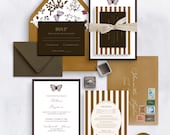 Whimsical Garden Wedding Invitation BUNDLE|Vintage Floral Striped Design|Elegant Brown Gold Burgundy|Romantic Semi Custom Wedding Set| Canva