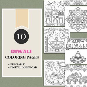 Diwali Coloring Pages Bundle, Mandalas, Diyas, & More|Printable DIY Festival Coloring Sheets|Set of 10 Printable Coloring Pages,Kids Diwali