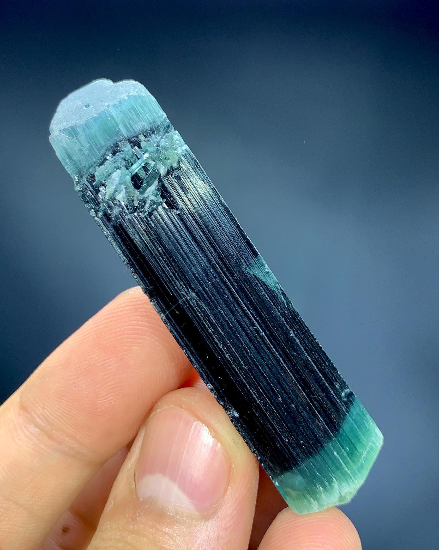 Blue Cap Double Terminated Green Tourmaline Crystal , Raw