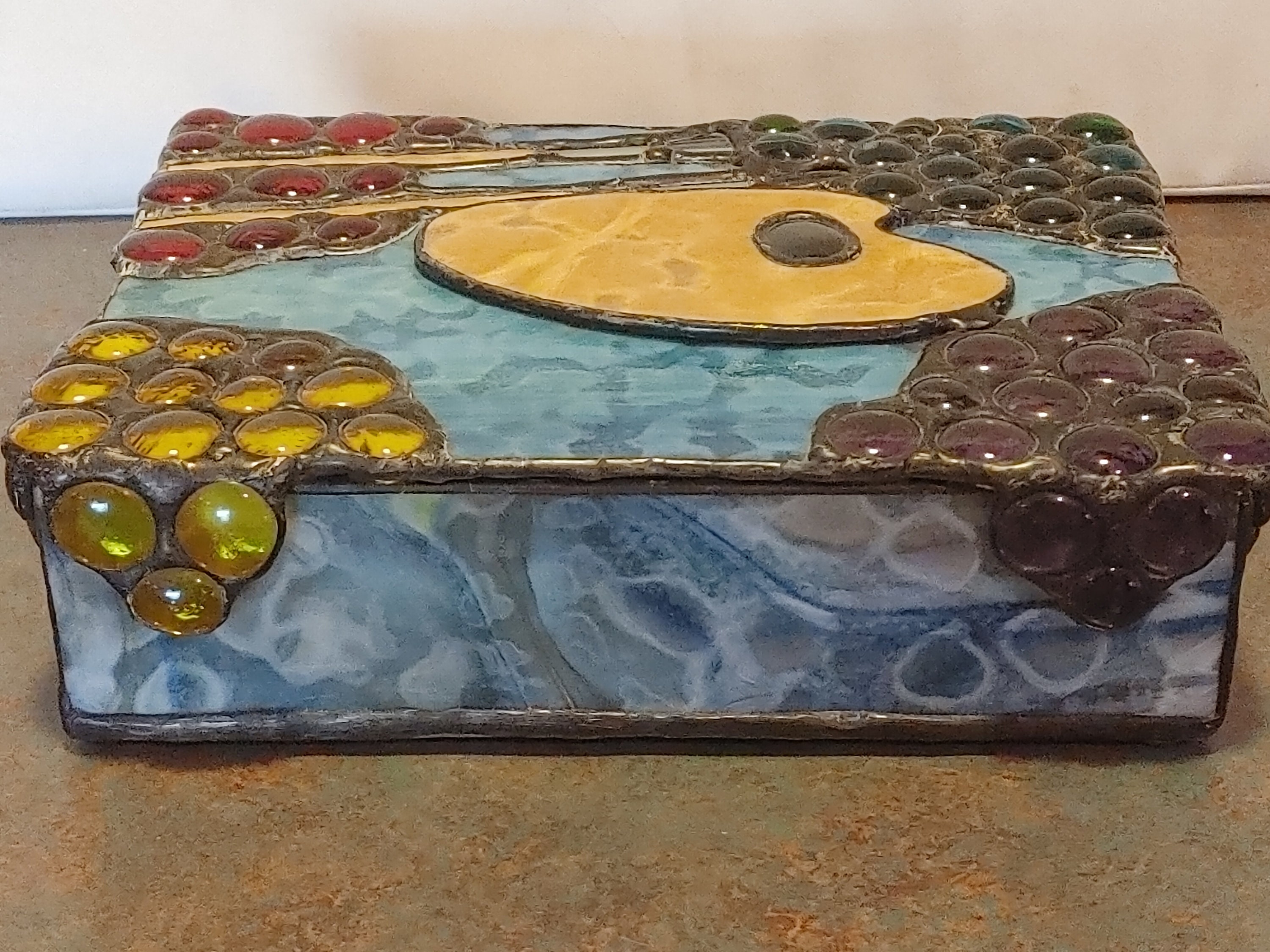 Vintage Custom Artist Signed Stained Glass and Agate Box