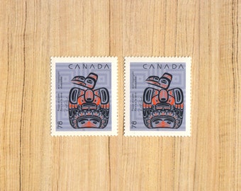 2 Unused Raven Pacific Northwest Art Stamps from Canada, 1990