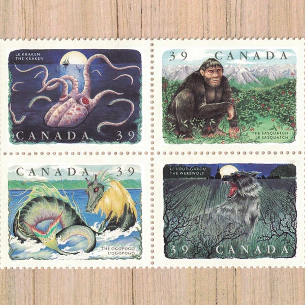 4 Mythical Creatures Unused Postage Stamps from Canada - Werewolf, Sasquatch, Kraken, Ogopogo