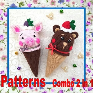 2 Crochet Rattle patterns, Teddy ice-cream Rattle, Pig Crochet pattern, Toy amigurumi crochet tutorial, Toy crochet pattern, Soft rattles