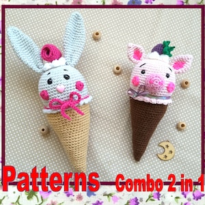 2 Crochet Rattle patterns Rabbit ice-cream Rattle Pig Crochet pattern Toy amigurumi crochet tutorial Toy crochet pattern