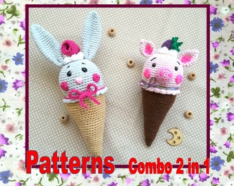 2 Crochet Rattle patterns Rabbit ice-cream Rattle Pig Crochet pattern Toy amigurumi crochet tutorial Toy crochet pattern