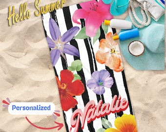Personalized Floral Beach Towel: Girls Summer Gift