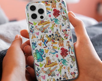 May include: A clear phone case with a white background and a colorful pattern of Disney characters, including Mickey Mouse, Minnie Mouse, Donald Duck, Goofy, and others.