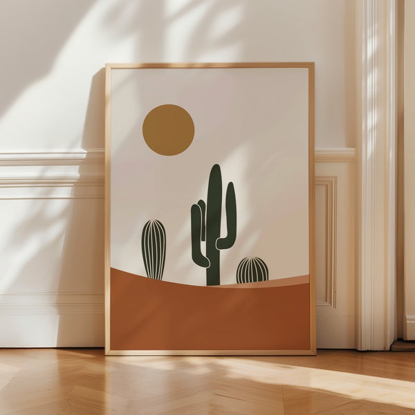 Retro Desert Cactus Art, Mid Century Modern Desert Print, Southwestern Desert Decor, Outback Cacti Abstract Wall, Downloadable Art