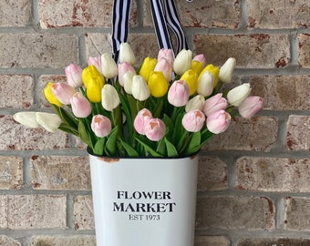 Tulips - Flower Bucket - Spring Door Wreaths - Mothers Day Wreaths - Easter Wreaths - Front Door Decor - Farmhouse Decor, Spring Decor