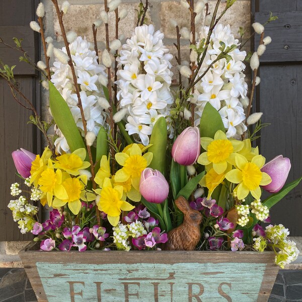 Spring Blooms in Vintage Wood Planter Box | Easter Mixed Floral Centerpiece | Hyacinth Daffodils Tulips Pussy Willow | Easter Gift | Fleurs