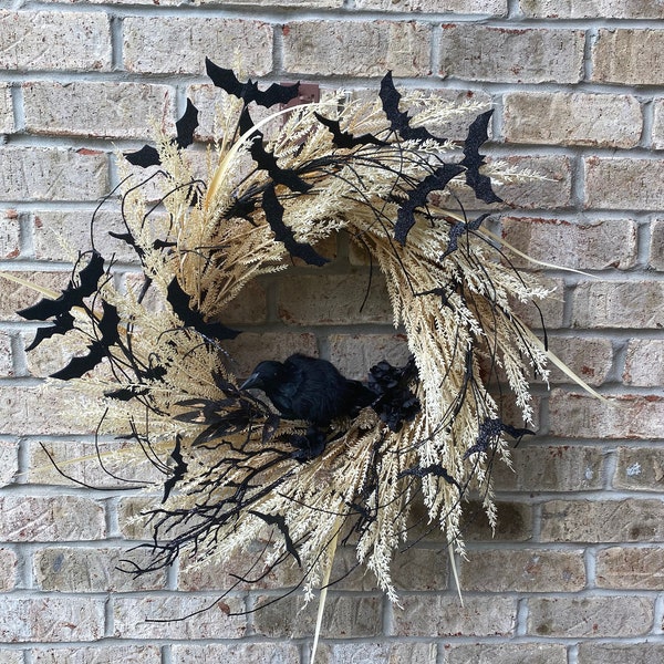 Artisan Spooky Halloween Wreath with Crow and Bats | Double Door Fall Wreaths | Black and White Wreath | Statement Autumn Wreath