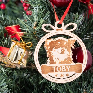 Longhaired Cihuahua Ornament Personalized, Custom Name Christmas Ornament, Laser Cut Engraved Wooden Ornament
