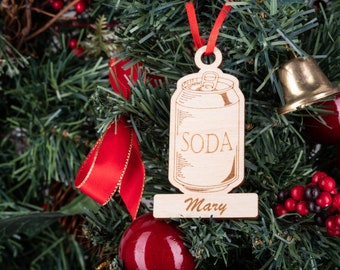 Personalized Soda Can Christmas Ornament, Holiday Drinking Soda Custom Name Ornament, Laser Engraved Wooden Ornament