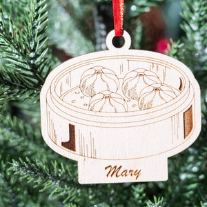 Personalized Steamed Dumpling Ornament, Chinese Dim Sum Christmas Ornament, Small Bun Steam Wood Ornament, Holiday Food Lovers Gifts