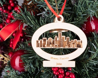 Miami Florida State Christmas Ornament Personalized, FL State Wooden Engraved Ornament, Miami Cityscape Skyline Ornament, Holiday Gift tags