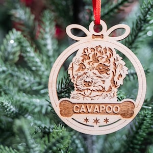 Personalized Cavapoo Dog Christmas Ornament, Cavalier King Charles Spanel Poodle Mix Dog Breed Ornament, Wooden Pet Personalized Gift Tag