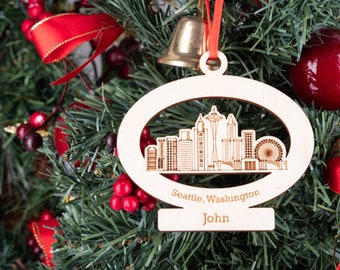 Seattle Washington State Ornament Personalized, Seattle WA City Skyline Christmas Ornament, Holiday Engraved Wooden Custom Name Ornament