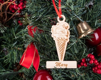 Ice Cream Cone Ornament Personalized, Holiday Sweet Treat Gift Tag, Laser Engraved Wood Christmas Ornament