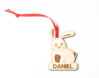 Personalized Bunny Christmas Ornament, Laser Cut Wood Engraved, Holiday Stocking Ornament, Custom Name Ornament