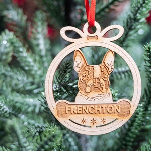 Personalized Frenchton Christmas Ornament, Boston Terrier French Bulldog Mix Breed Dog Ornament, Custom Engraved Wood with Pet Name Ornament