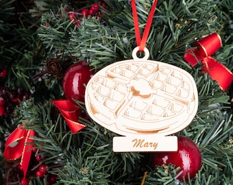 Waffle Christmas Ornament Personalized, Custom Waffle Engraved Wooden Name Ornament, Breakfast Food Ornament, Holiday Gift Tag Ideas