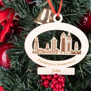 Philadelphia Pennsylvania State Ornament Personalized, Philadelphia City Skyline Christmas Ornament, PA State Wooden Engraved Ornament