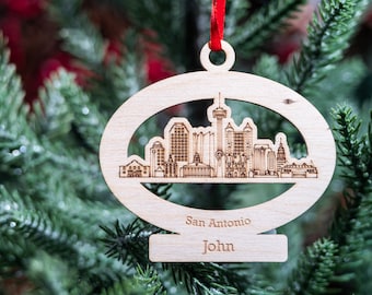 San Antonio Personalized Christmas Ornament With Name, San Antonio Texas Wooden Engraved Ornament, Custom TX State Skyline City Ornament