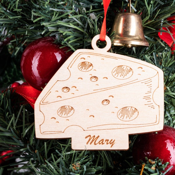 Cheese Christmas Ornament Personalized, Laser Cut Engraved Wood Ornament, Yellow Swiss Cheese Ornament, Holiday Favorite Food Gift