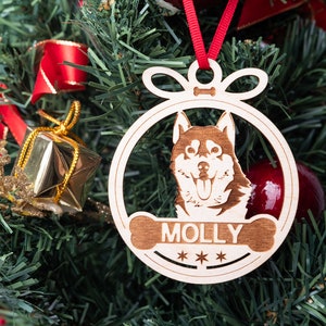 Personalized Siberian Husky Christmas Ornament, Custom Name Dog Decoration, Natural Wooden Ornament