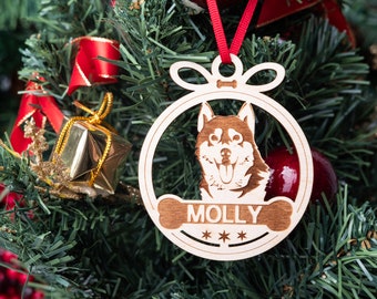 Personalized Siberian Husky Christmas Ornament, Custom Name Dog Decoration, Natural Wooden Ornament