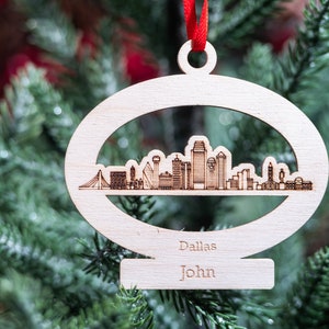 Personalized Dallas Wooden Ornament, Dallas Texas Skyline Christmas Ornament, TX States Ornament, Custom Dallas City Ornament with Name
