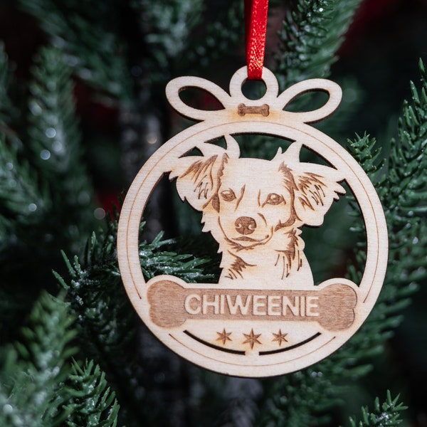 Personalized Chiweenie Christmas Ornament, Engraved Wooden Designer Breed Dog Ornament, Holiday Chihuahua Dachshund Mixed Puppy Ornament