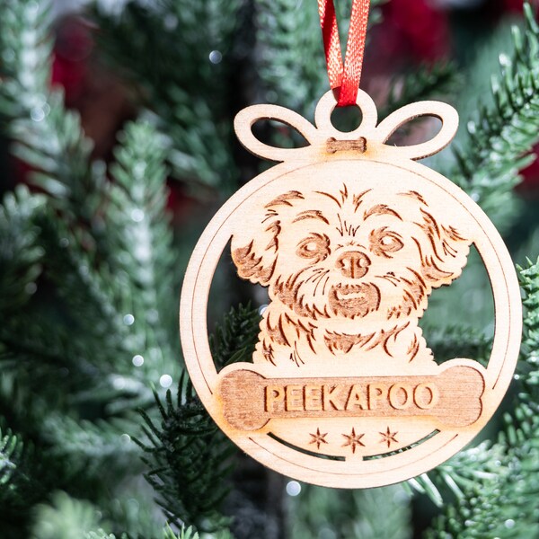 Personalized Peekapoo Dog Ornament, Pekingese Miniature Poodle Mix Christmas Ornament, Holiday Engraved Wooden Pet Ornament with Name