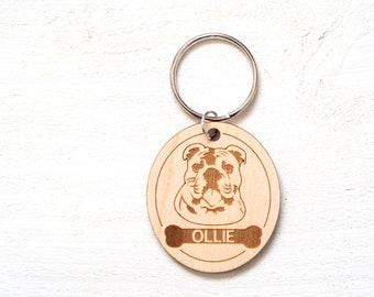 Personalized Bulldog Keychain, Custom Dog Keychain, Pet Loss Gift, Dog Memorial Keychain, Valentines Day, Laser Cut Engraved Wooden Keychain