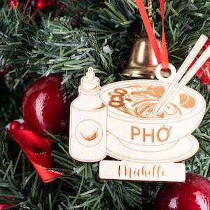 Décorations de soupe pho vietnamiennes personnalisées, décoration de Noël bol de cuisine asiatique des fêtes, décoration gravée découpée au laser
