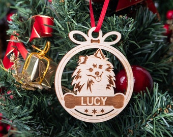 Personalized Pomeranian Christmas Ornament, Laser Cut Wood Engraved Ornament, Natural Holiday Gift