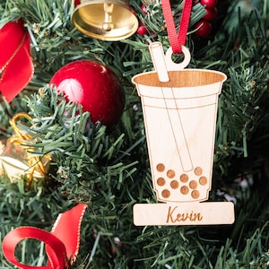 Boba Christmas Ornament, Bubble Milk Tea Wood Ornament, Custom Name Ornament, Holiday Asian Ornament