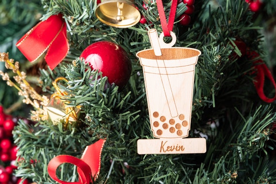 Boba Christmas Ornament, Bubble Milk Tea Wood Ornament, Custom Name Ornament, Holiday Asian Ornament