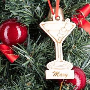 Personalized Martini Christmas Ornament, Custom Whiskey Cocktail Name Ornament, Holiday Bartender Gift Ideas, Engraved Wood Name Ornament
