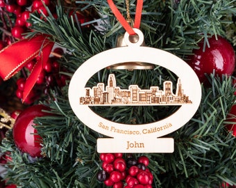 San Francisco California State Ornament Personalized, SF City Skyline Christmas Ornament, Holiday Engraved Wooden Ornament