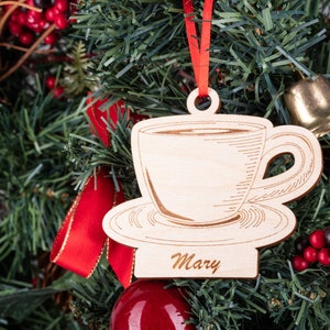 A Cup of Tea or Coffee Christmas Ornament Personalized, Holiday Custom Name Engraved Wood Ornament