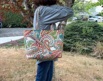 Painterly Tote Bag, Structured Stand Alone Tote Bag, Large Water Bottle holder.