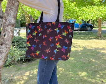 Water bottle holder Tote Bag, Butterfly Tote Bag, Inside zipper pocket, Cell phone pocket, tote for school/work. Stands alone.