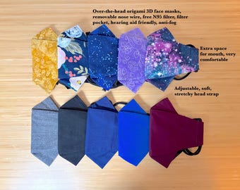 Over-the-head, origami 3D face masks. Removable nose wire, filter pocket, free N95 filter included, hearing aid friendly, anti fog.