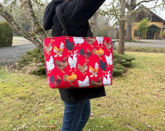 Chicken Grocery Tote Bag. Structured Market Bag. Water bottle holder.