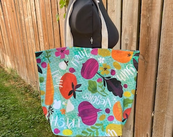 Linen/Cotton tote bag. Medium weight quality thickness. Market vegetable bag. Grocery Bag. Original Spoon flower Keepin it fresh design.